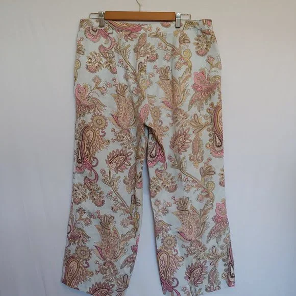 Tommy Hilfiger 100% linen pale blue, pink, gold paisley pastel crop pants SZ 10 - Picture 6 of 10